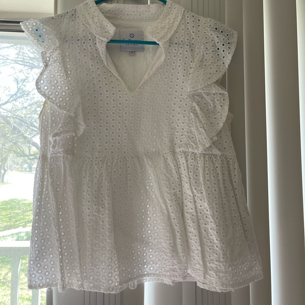 LaRoque White Eyelet Flutter Ruffle Blouse